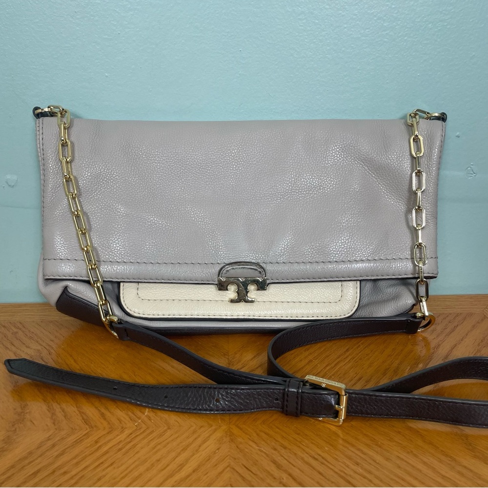 Tory Burch Sammy Leather Foldover Bag Grey Cream‎ Gold Chain